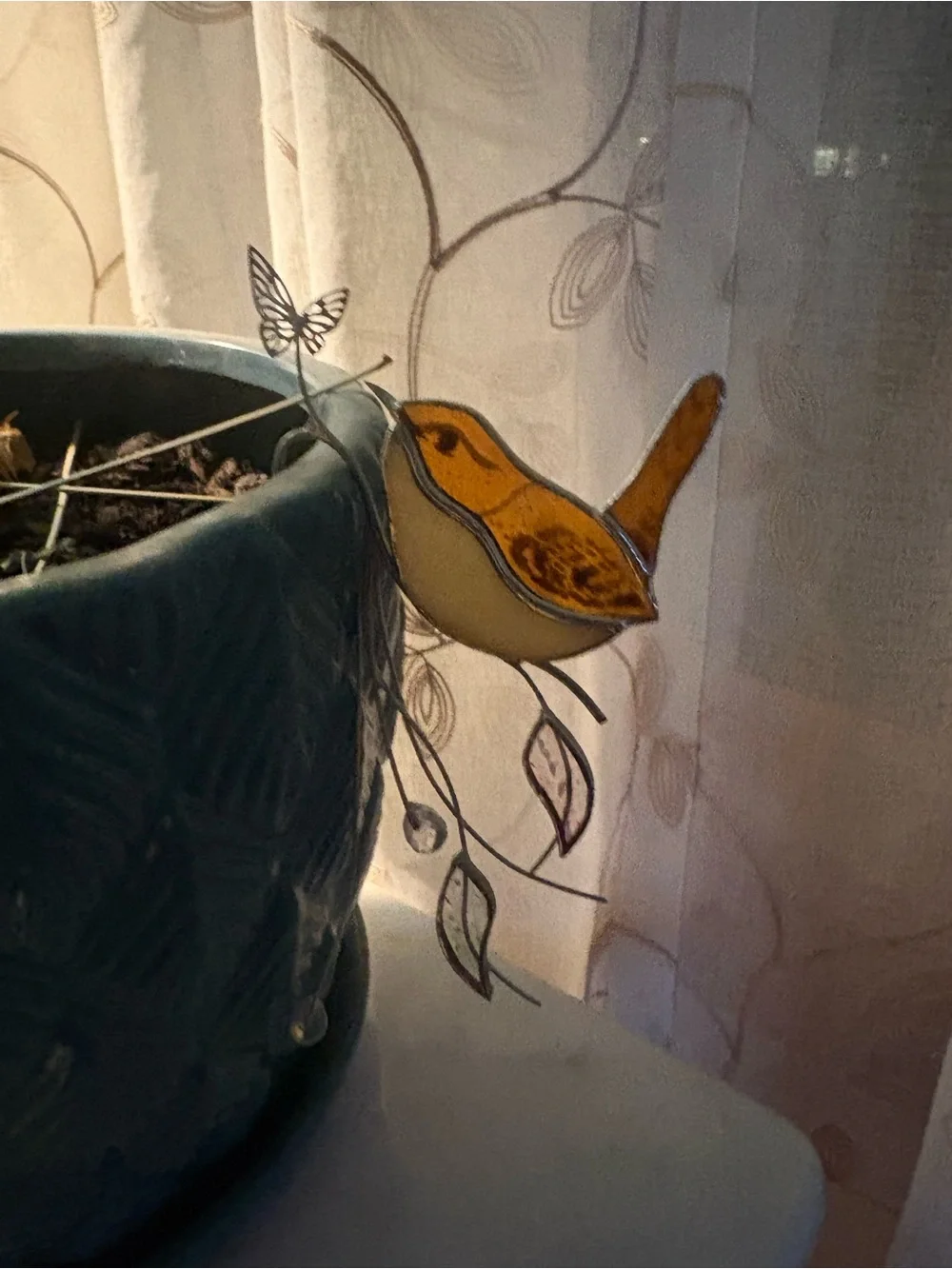 Stained Glass Hanging Bird Ornament - Amber & Cream Robin